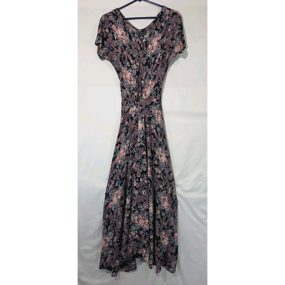 Vintage 90s Starina Whimsigoth Black Floral Grunge Maxi Dress Crinkle Rayon Sz M